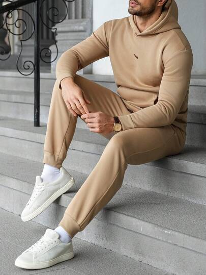 Manfinity Homme Men's Solid Color Minimalist Casual Long Sleeve Hoodie And Pants Set Casual Two Piece Set Men Beige Men Outfit Apricot Men Outfit Men 2 Piece Sweatsuit Men Nude Outfit