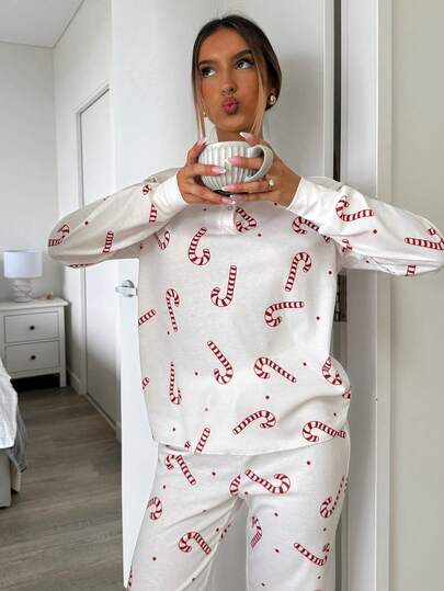 Aloruh Women's Casual Daily Home Christmas Solid Color Round Neck Long Sleeve Bow Print & Red Plaid Drawstring Pants 2-Piece Pajama Set, Autumn/Winter