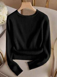Franclia Camiseta de punto de cuello redondo elegante de talla grande, top de punto minimalista de moda, otoño/invierno - Negro - Ver 2