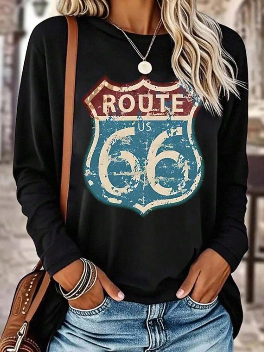INAWLY Áo thun nữ họa tiết Route 66 cổ điển, áo thun dài tay thường ngày in khẩu hiệu, xuân/hè, giặt máy được - màu đen - Xem 1