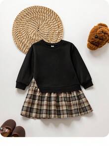 SHEIN 女童卫衣拼接格子裙连衣裙，复古时尚百搭休闲日常装 - 黑色 - 查看 2