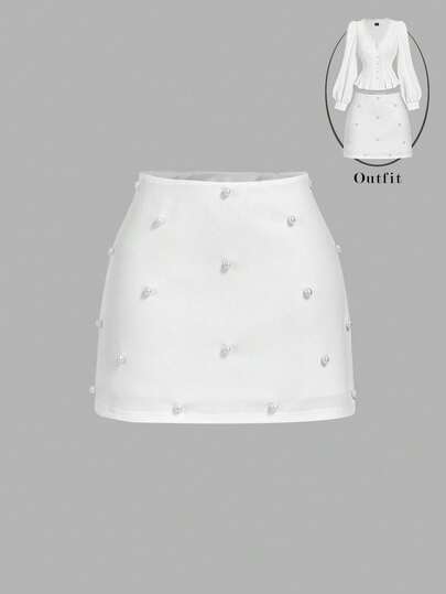 SHEIN MOD Women's Elegant Commuter Solid Color Pearl Decorated Skirt,Winter Clothes,Christmas Clothes,New Year Clothes , Thanksgiving Outfit For Women,Long Sleeves,White Skirt ,Pearl Embellishment,Stylish Clothing Collection