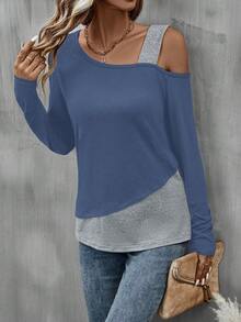 EMERY ROSE Two Tone Asymmetrical Neck Tee Graphic Tees Women Tops - Navy Blue - View 4