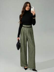 SHEIN Tall Retro elegante Damen Hose mit hoher Taille, gerade Beine mit Gürtel, für Homecoming, Vintage-Brunch, Thanksgiving, Business, Winter, Flughafen, Valentinstag, Büro und Lässig - Grün - Übersicht 6