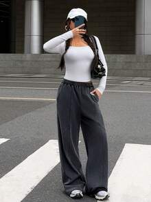 少女刺绣水洗宽松休闲针织裤