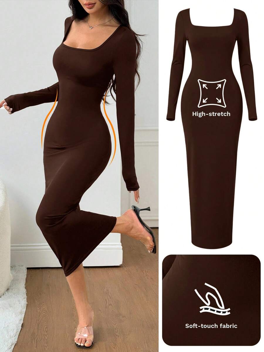 SHEIN PETITE 女士秋冬基础款针织灰色修身方领长袖连衣裙 - 棕色 - 查看 1