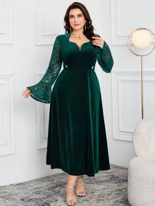 Modelyn Plus Size Women Sweetheart Neck Contrast Lace Flare Sleeve Elegant Dress