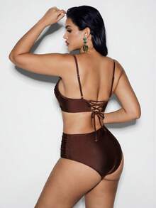 Shapewave 两件套女士塑形钢圈加厚比基尼套装，后背交叉系带设计，侧边褶皱内裤，适合夏季海滩度假 - 咖啡棕 - 查看 2
