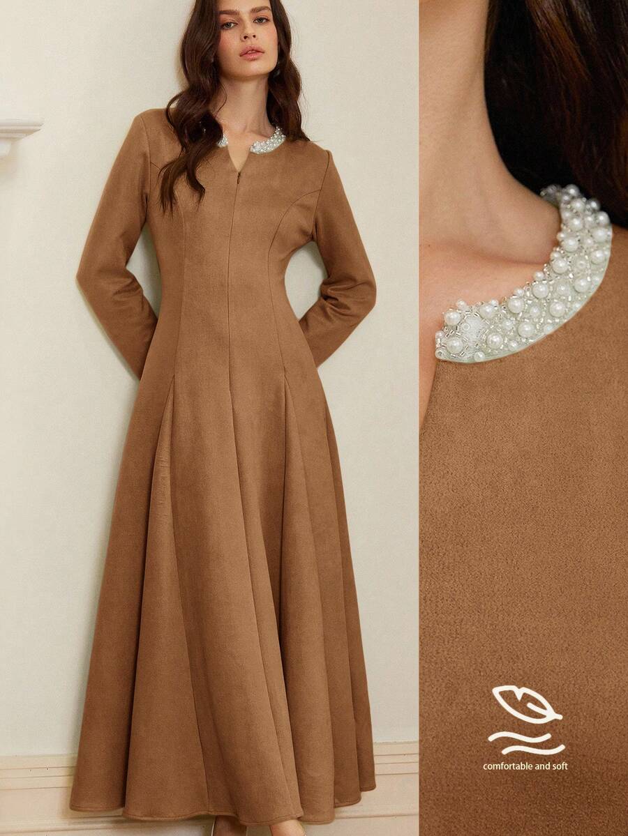 BELROSIE 绿色绒面天鹅绒 V 领长袖连衣裙,带水钻饰边,优雅收腰女式连衣裙 - 咖啡 - 查看 1