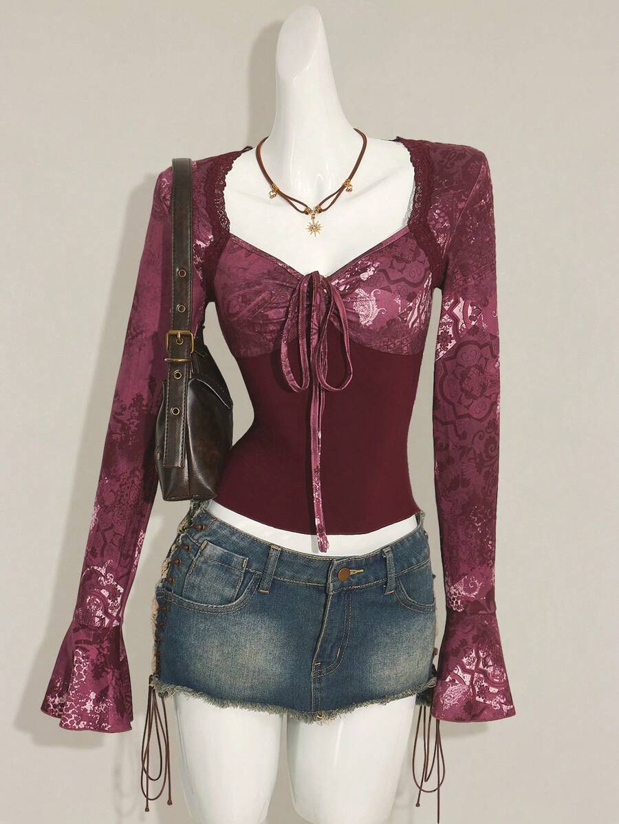 SHEIN ICON Women's Retro Print Long Sleeve Ruched Patchwork Loose Blouse - Purple - View 1