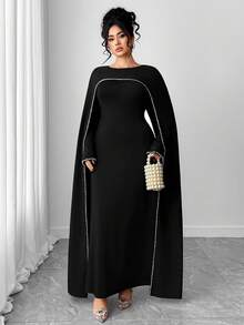 Elenzga 大码女士纯色优雅长款连衣裙，配披肩和串珠装饰 - 黑色 - 查看 8