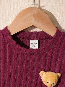 Souflis Souflis 2pcs/Set Toddler Boys' Cute Gray Ribbed Long Sleeve Top With Bear Graphic And Gray Ribbed Pants, Autumn/Winter - Burgundy - View 5