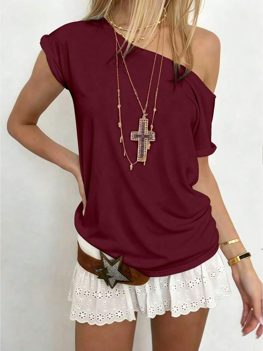 INAWLY Áo thun nữ cổ tròn trơn màu đơn sắc, mùa hè - Màu Đỏ Sâu - Xem 1