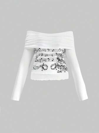 Grunge Punk Vintage Y2K Millennium Musik Symbol Muster Off-Shoulder Langarm T-Shirt in Große Größen