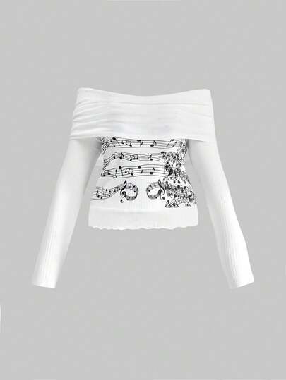 Grunge Punk تي شيرت كم طويل بياقة منحرفة الكتف بطبعة رمز موسيقى الألفية Y2K الفاخر مقاس كبير