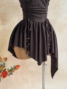 Soleia 新款性感深V领系带腰身木珠不对称下摆迷你连衣裙，适合派对、约会、夜店、波西米亚风、度假、秋季女装、复古风、假日穿着 - 棕色 - 查看 3