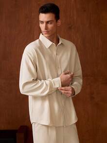Ensemble décontracté de couleur unie pour hommes Officeau, chemise à col rabattu + pantalon à cordon de serrage 2 pièces, tenue polyvalente business décontracté, printemps-automne - Nude - Voir 3