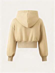 Girls Casual Knit Solid Color Front Graphic Letter Print Drop Shoulder Drawstring Hoodie Top & Pants 2 Piece Set - Khaki - View 5