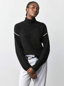 Maija Luźny sweter z blokami kolorów i artystycznym wzorem linii dla kobiet w 2025 roku