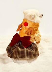 PETSIN 1 件宠物卡其色格子驯鹿服装连帽连衣裙，圣诞节 - 棕色 - 查看 4