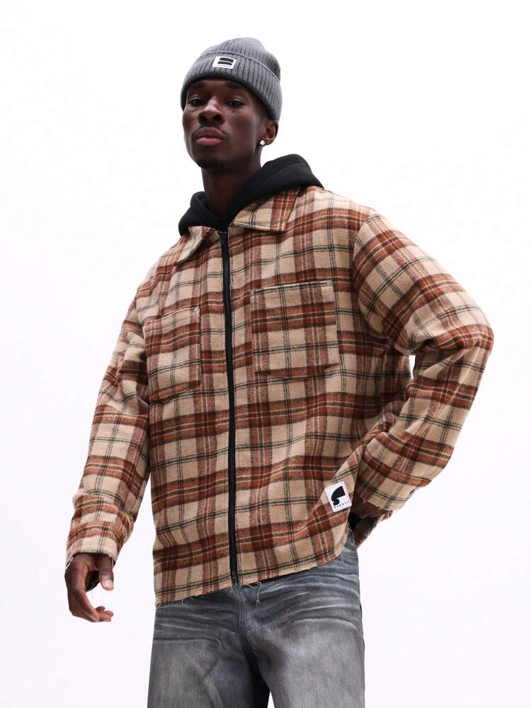 SUMWON Plaid Zip Shacket With Detachable Hood Fall Winter Casual Jacket