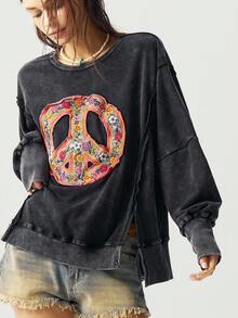 Bohemela 大码休闲水洗花卉刺绣贴花运动衫