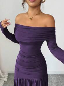 Elenzga Women's Vintage Elegant Off Shoulder Fitted Bodycon Long Sleeve Knit Dress, Autumn/Winter, Halloween - Purple - View 5