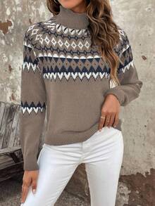 SHEIN LUNE Suéter de cuello alto con mangas raglán y patrón geométrico para mujer, para otoño/invierno - Multicolor - Ver 4