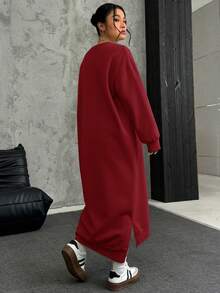 SHEIN EZwear 酒红色大码宽松休闲长款抓绒卫衣裙，秋冬款 - 酒紅色 - 查看 2