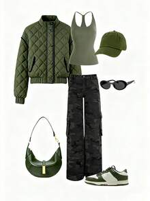 Franclia Chaqueta acolchada holgada de mujer en color verde militar con bloques de color, solapa, botones metálicos y cremallera, estilo casual de moda, hombros caídos, manga larga, puños elásticos, decoración de borde con bloques de color, bajo elástico, forrada, adecuada para capas, juegos de rol, salidas de Año Nuevo, primavera/otoño/invierno - Verde militar - Ver 7