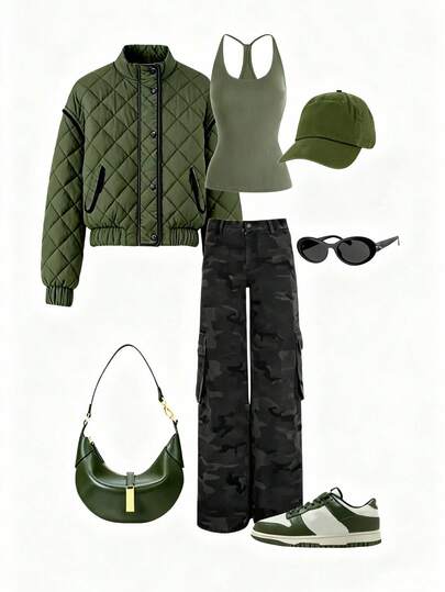 Franclia Women's Loose Solid Military Green Plaid Quilted Collar Zipper Jacket, Fashionable Drop Shoulder Long Sleeve, Elastic Cuffs, Contrast Trim, Elastic Hem, Lined, Can Be Worn Layered Or Standalone, Chic Casual Style, Suitable For Christmas, New Year Party, Outings, Office, Daily Casual, Versatile, Elegant Urban