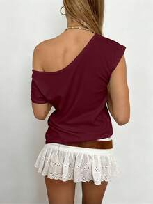 INAWLY Áo thun nữ cổ tròn trơn màu đơn sắc, mùa hè - Màu Đỏ Sâu - Xem 2