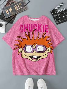 Nick 90s | SHEIN 男士字母与卡通图案圆领短袖T恤 - 白色 - 查看 1