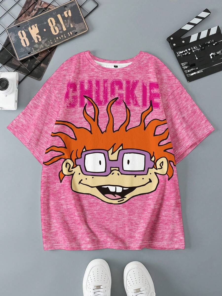 Nick 90s | SHEIN 男士字母与卡通图案圆领短袖T恤 - 白色 - 查看 1