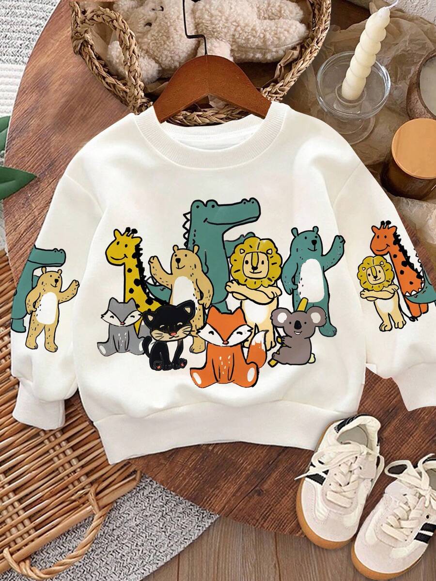 SHEIN Baby Boys' Casual Cartoon Animals Print Loose Knit Soft Thick Crew Neck Sweatshirt, Suitable For Autumn And Winter - White - View 1