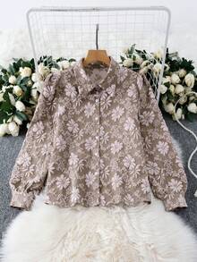 Chiquease 女士花卉提花长袖单排扣优雅衬衫，秋季