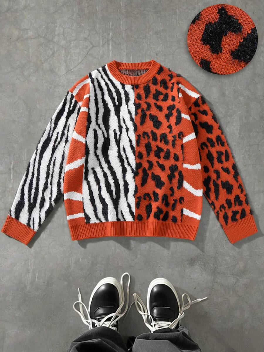 GALLERY FADE Suéter casual de cuello redondo con bloqueo de color, estampado de leopardo y cebra, de manga larga, gráfico de punto para hombre, suéter gráfico naranja con estampado de cebra, para invierno - Multicolor - Ver 1