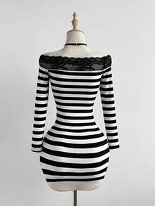 SHEIN Unity 女士优雅修身连衣裙，露肩长袖，休闲百搭通勤装，条纹面料配蕾丝边，秋冬款 - 彩色 - 查看 2