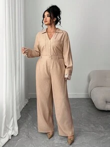SHEIN Elenzya Plus Size Women's Fashionable Front Button Long Sleeve Top And Belted Long Pants 2 Pieces Set - Apricot - View 4