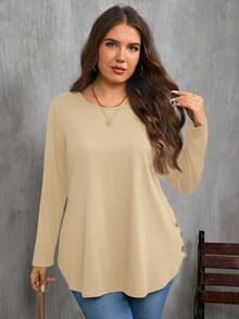 SHEIN Clasi Áo thun nữ tay dài cổ tròn màu trơn cỡ lớn thiết kế nút bên hông - Màu be - Xem 5