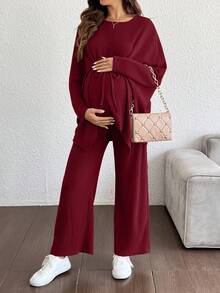 SHEIN 两件套孕妇装：纯色蝙蝠袖圆领系带上衣和可调节腰带长裤，休闲款 - 酒紅色 - 查看 5