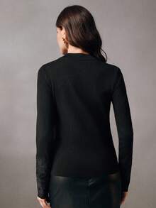 Anewsta 优雅时尚百搭重工刺绣花卉镂空修身女式圆领长袖毛衣 - 黑色 - 查看 7