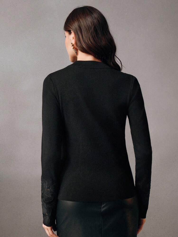 Elegant Fashionable Versatile Heavily Embroidered Floral Hollow-Out Slim-Fit Women's Crew Neck Long Sleeve Sweater