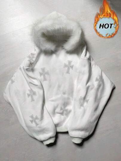 Noixe Women's Minimalist Printed Fluffy Hooded Long Sleeve Drop Shoulder Sweatshirt