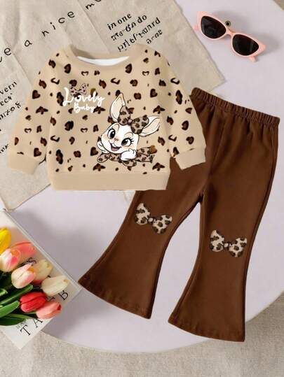 2 st/set söt leopardmönstrad kanin med grafisk tröja och utsvängda byxor för babyflickor, bekväm höst-/vinter- och juloutfit