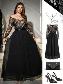 SHEIN Clasi Plus Size Women Floral Patchwork Sequin Mesh Off-Shoulder Long Sleeve Elegant Dress