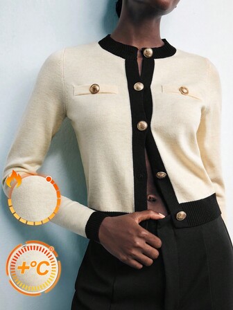 Maija 2025 Crew Neck Knitted Contrast Color Long Sleeve Soft & Cozy Women's Basic Cardigan, Suitable For Early Autumn Back-To-School Season Women Cardigan Button Up Cardigan Thin Cardigan Cardigan With Gold Buttons Classic Cardigan Fitted Cardigan Gold Button Cardigan, Fall For Women,Winter For Women,Winter,Night Out,Going Out Tops Women, Night Out,Date Night