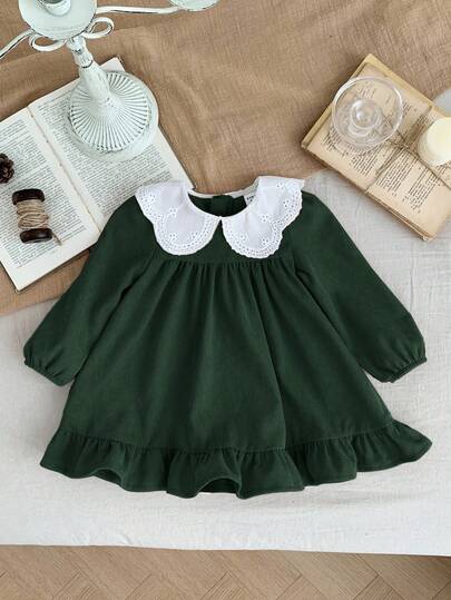 SHEIN LMoss Kids Vestido de manga larga con cuello Peter Pan de pana de retazos para bebé niña, otoño/invierno