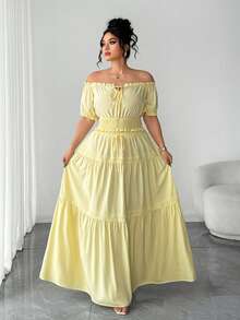 Elenzga Plus Size Women's Elegant Youthful Versatile Fitted Puff Sleeve Bow Waist Flared Hem 2-Piece Skirt Set, Suitable For Vacation, Casual, Commute, Date