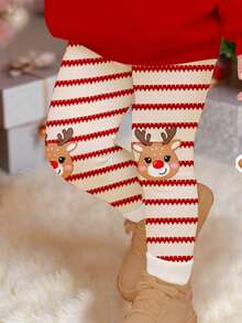 SHEIN Happikins Cream White & Burgundy Striped, Cute Christmas Cartoon Reindeer Pattern, Young Girl Casual Soft Thick Crew Neck Long Sleeve Sweatshirt And Leggings Set, Suitable For Autumn/Winter Daily Wear, Christmas, Cozy Season, Christmas Gifts, Autumn & Winter Outfits, Easy Comfort, Autumn & Winter Layers For Girls, Stylish Girls, Casual Wear, Kids Graphic Clothes, Fall & Winter Clothes, New Style - Multicolor - View 4